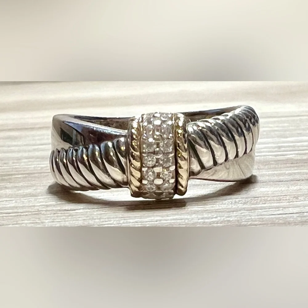 Vintage Designer Signed ATR Sterling Silver & 18K Gold Diamond Ring, Size 6